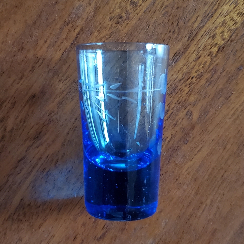 Etched Cobalt Blue Shot Glass